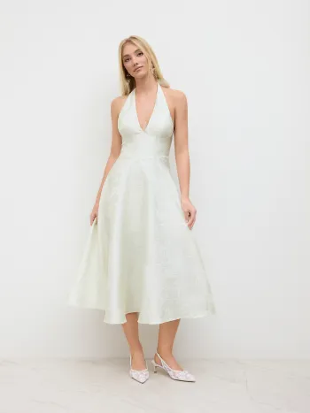 Jacquard Halter Neckline Floral Lace Up Maxi Dress