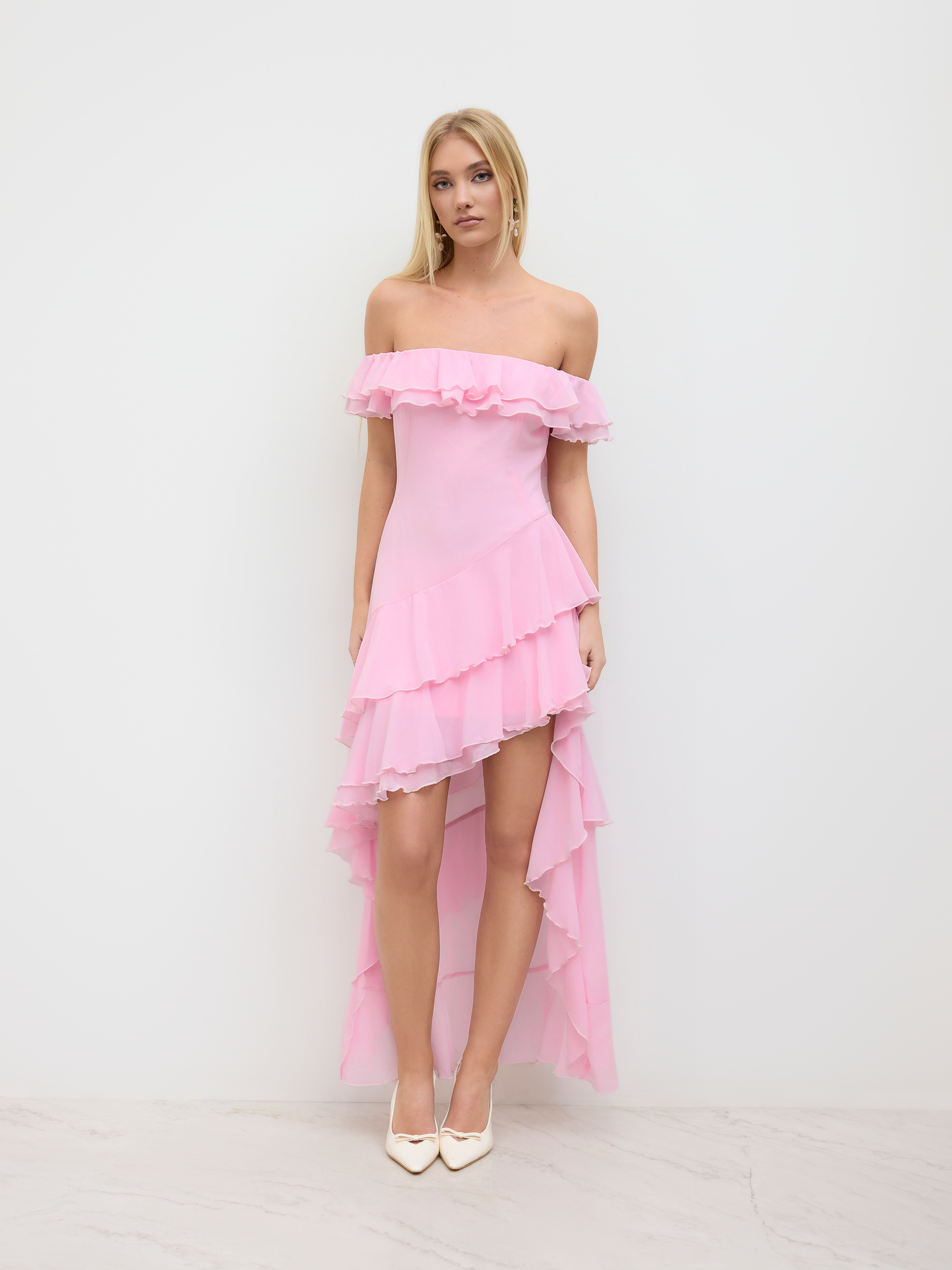 Chiffon Chiffon Off-shoulder Layered Ruffle Hem Maxi Dress