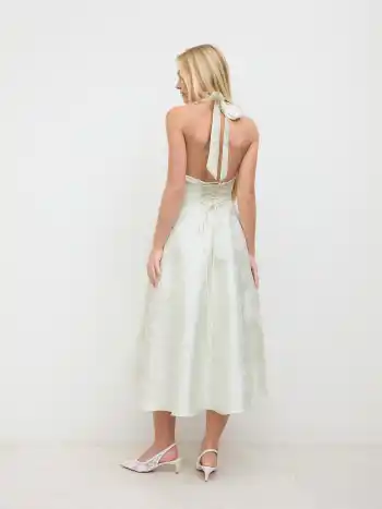 Jacquard Halter Neckline Floral Lace Up Maxi Dress