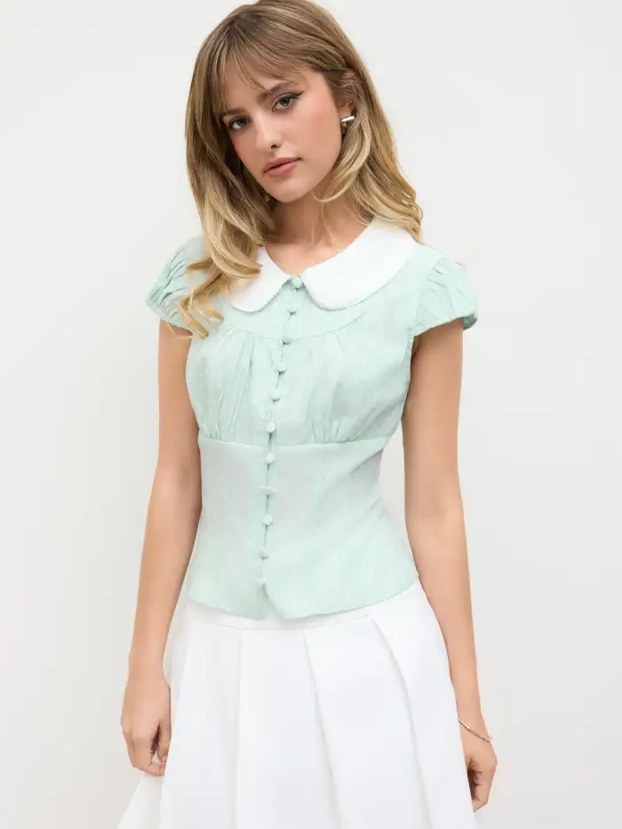 Mandarin Collar Ruched Split Top