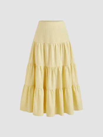 Cotton-blend Mid Rise Stripe Tiered Maxi Skirt