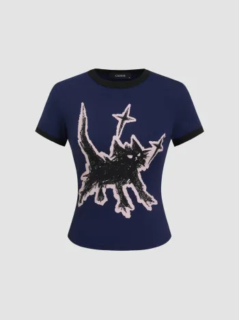 T-Shirt mit Katzenmuster, runder Halsrand und kurzen Ärmeln