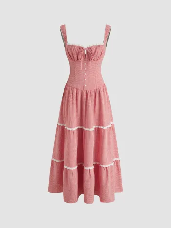 Vestido Maxi de Capas con Encaje y Moño de Gingham