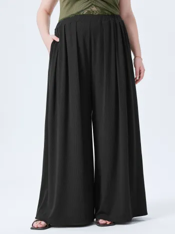Pantaloni solidi a gamba larga con tasca elastica in vita Curve & Plus