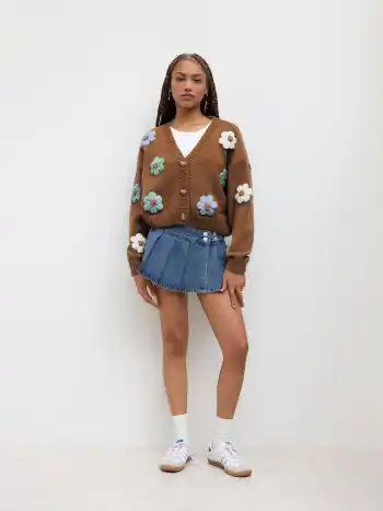 V-Ausschnitt Knopf Blumen Strickjacke