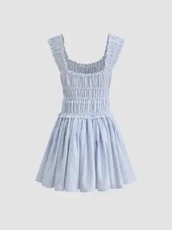 Cotton-blend Stripe Shirred Bowknot Ruffle Mini Dress