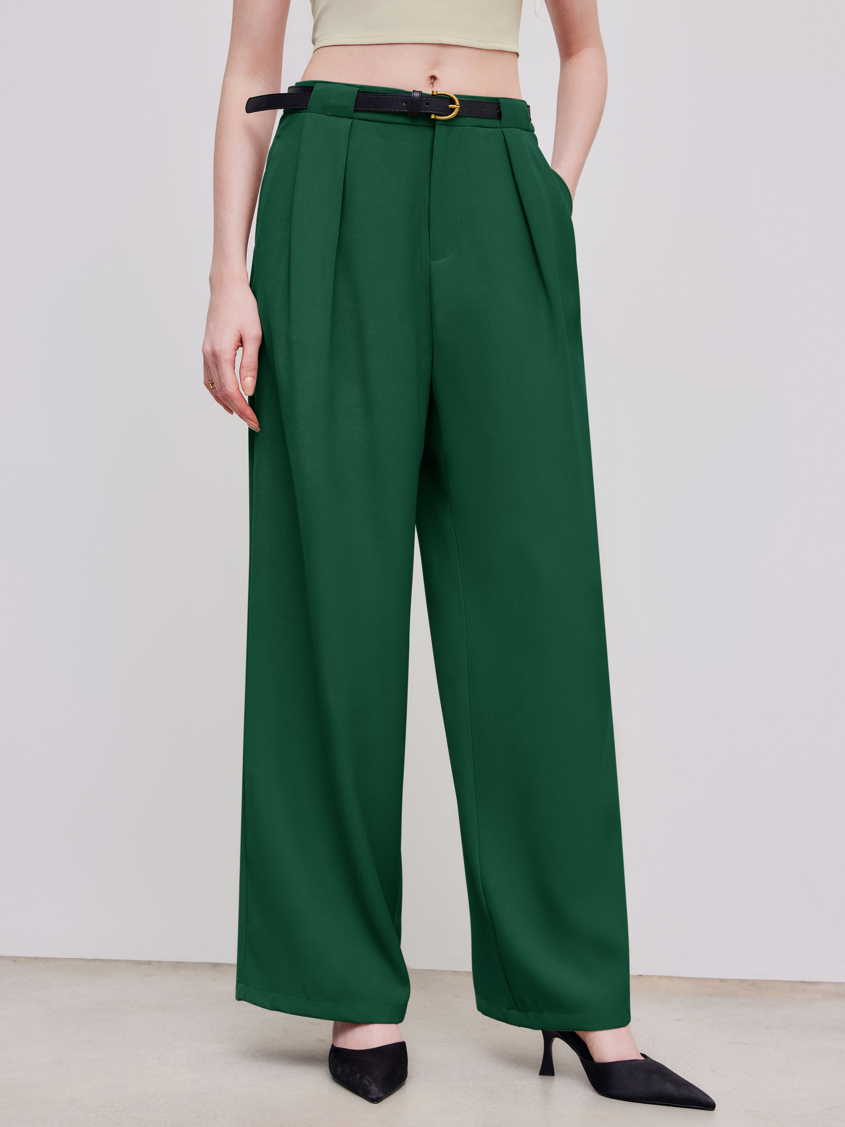 『Cider』ミッドライズソリッドポケットストレートレッグパンツ 織布 ベルト付きミッドライズソリッドポケットストレートレッグ