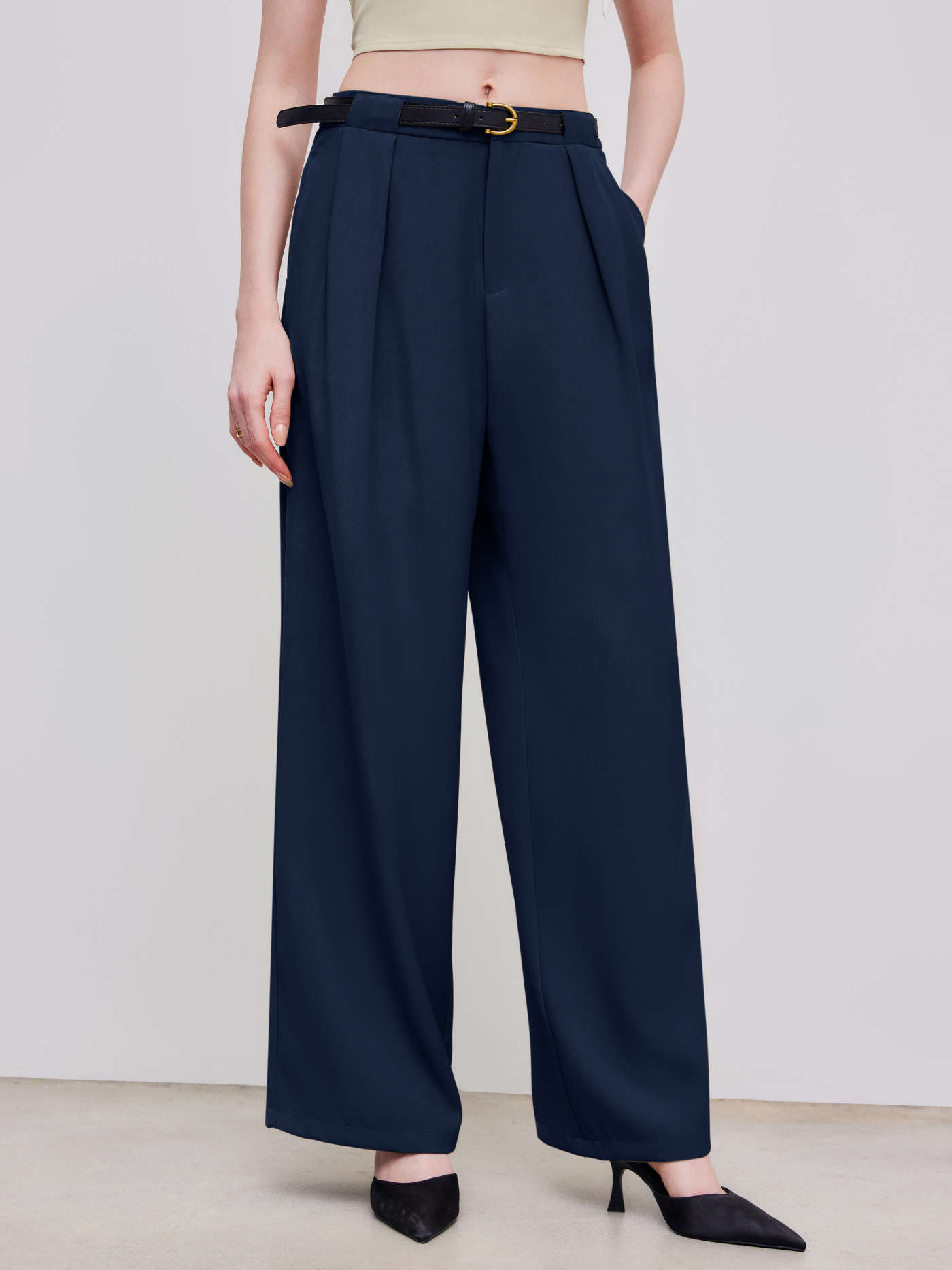 Mid Waist Solid Pocket Straight Leg Trousers With Belt