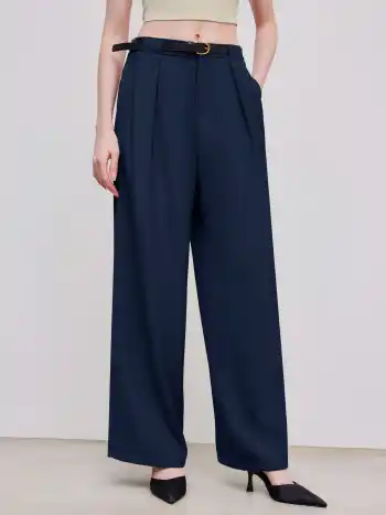 Mid Rise Solid Pocket Straight Leg Trousers With Belt