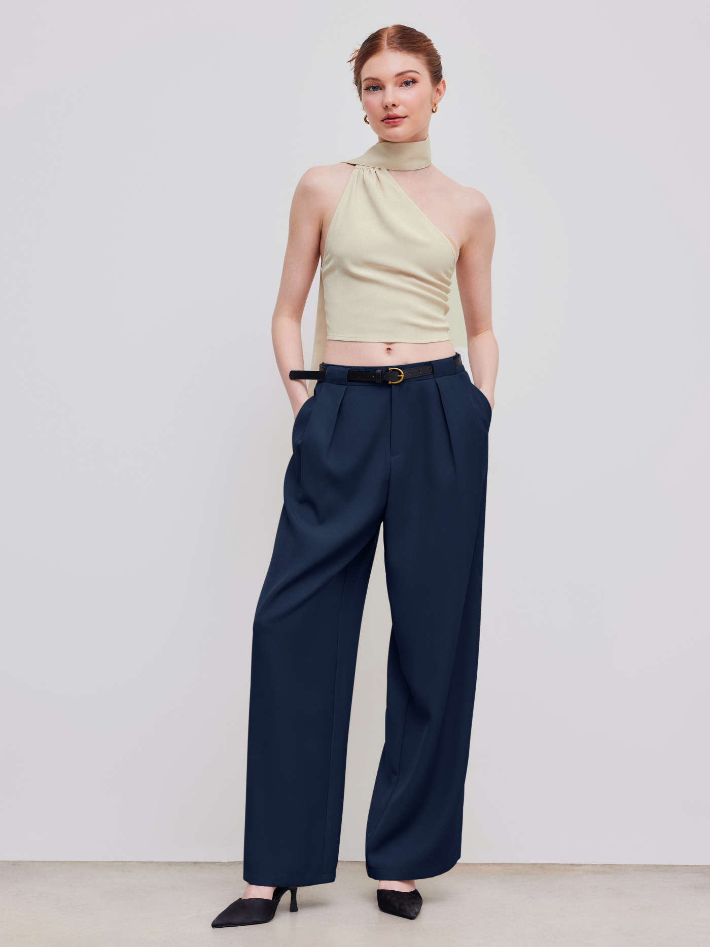 Mid Waist Solid Pocket Straight Leg Trousers With Belt
