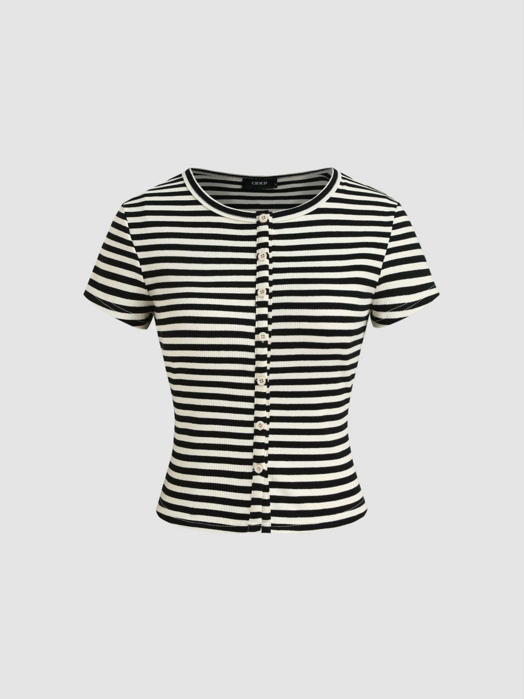 Round Neckline Stripe Button Up Tee