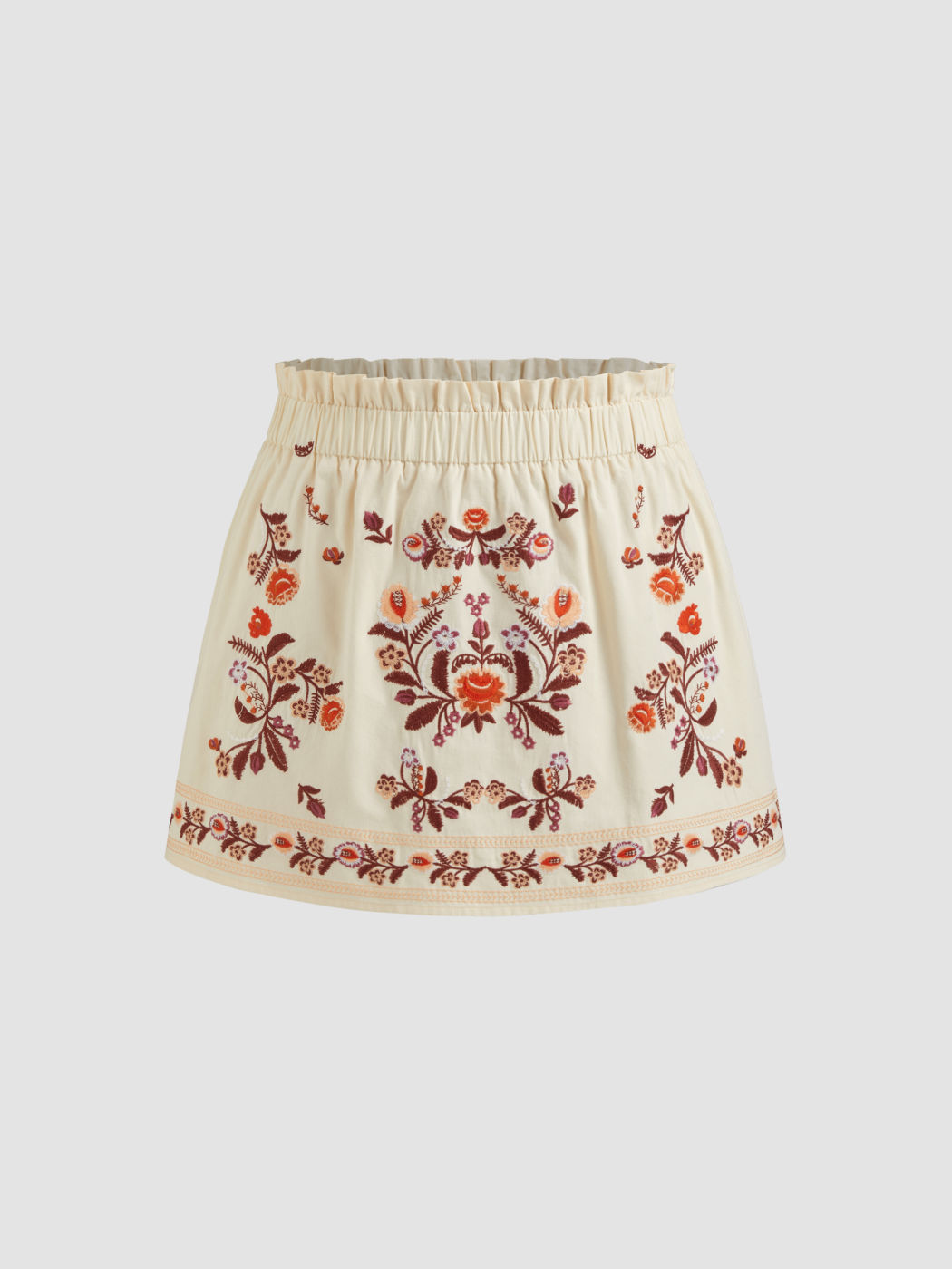 Cotton Mid Rise Floral & Aztec Embroidery Elastic Waist Mini Skirt Curve & Plus