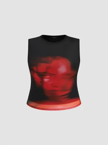 Mesh Figure Graphic Tank Top Curve & Plus