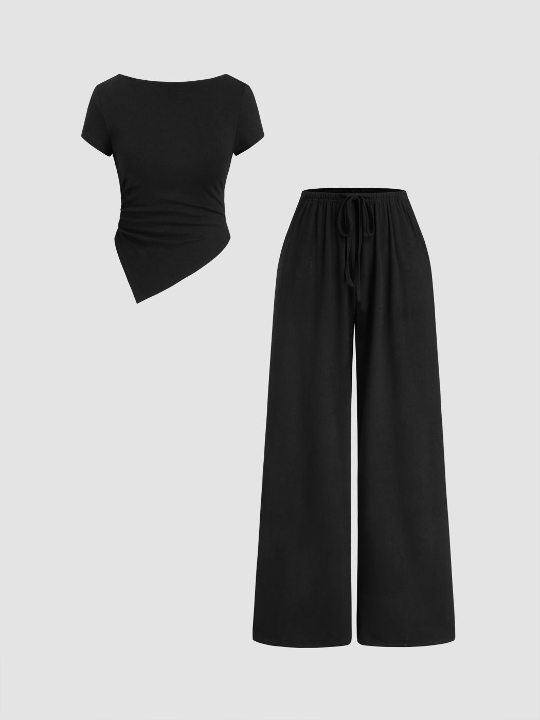Boat Neck Asymmetrical Hem Ruched Crop Top & Mid Rise Elastic Waist Straight Leg Trousers Set