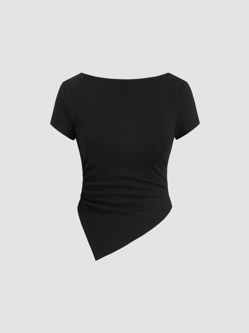 Boat Neck Asymmetrical Hem Ruched Crop Top & Mid Rise Elastic Waist Straight Leg Trousers Set