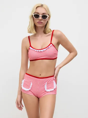 U-neckline Gingham Lettuce Trim Bracelet Bikini Set & Cover Up Shorts