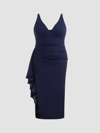 V-neck Asymmetrical Ruffle Hem Maxi Dress Curve & Plus