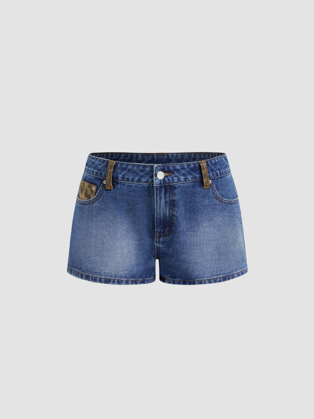 Denim Low Rise Leopard Straight Leg Micro Shorts