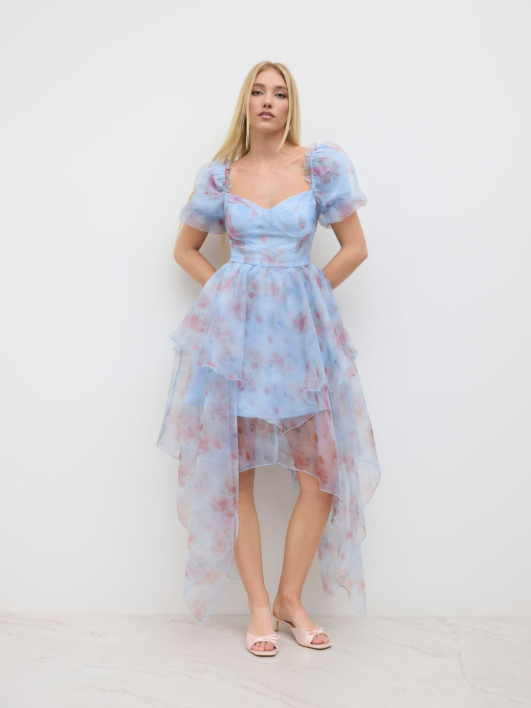 Sweetheart Floral Shirred Layered Mesh Maxi Dress