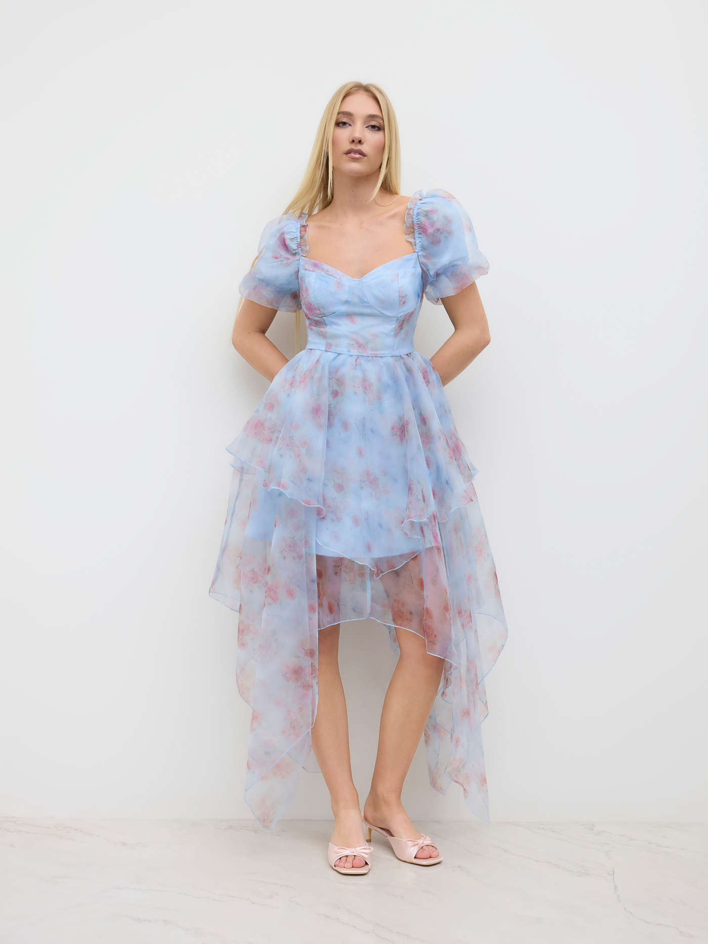 Sweetheart Floral Shirred Layered Mesh Maxi Dress