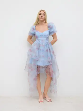 Sweetheart Ditsy Floral Knotted Layered Ruffle Hem Midi Dress