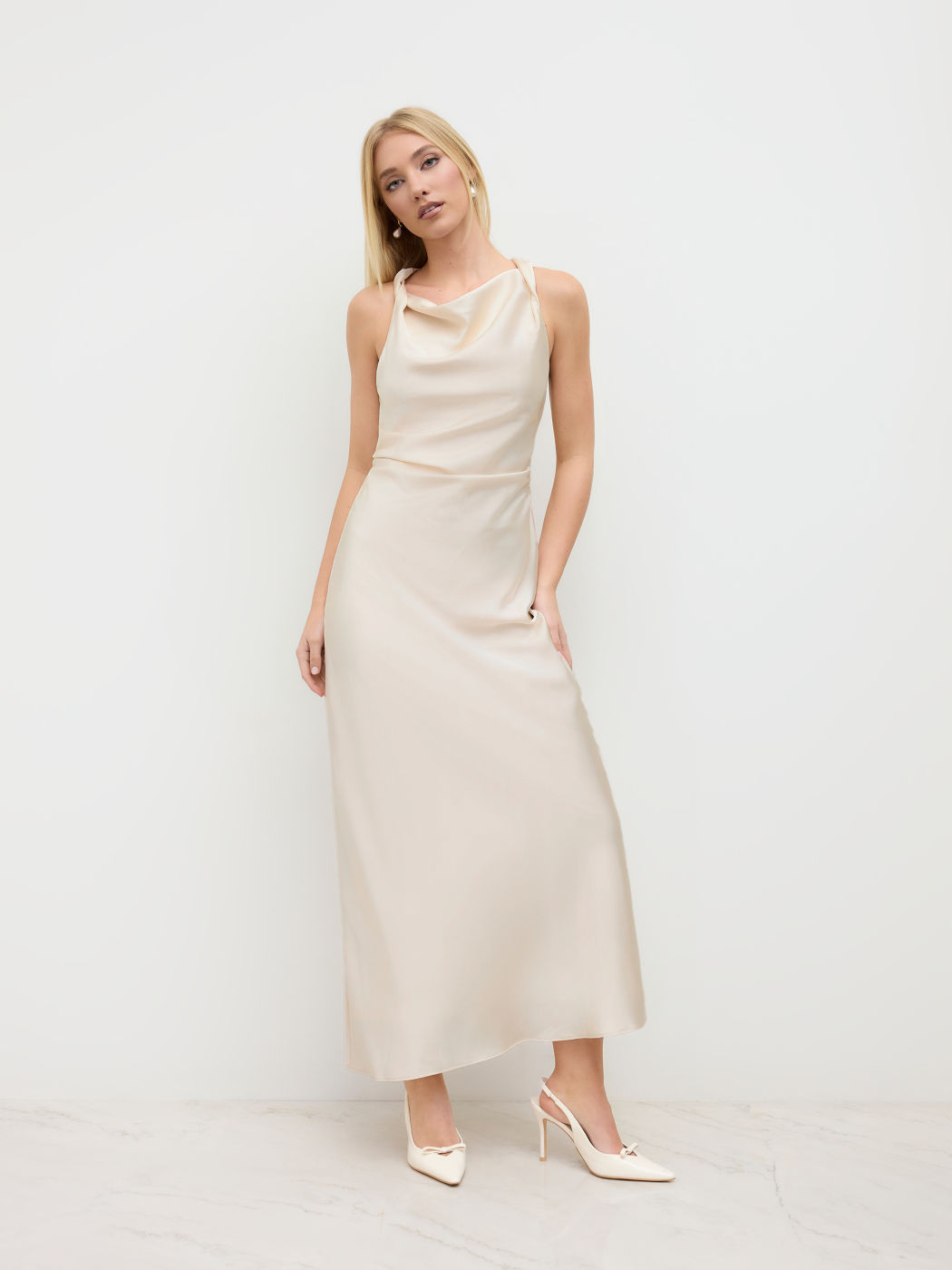 Satin Cowl Neck Ruched Maxi Dress