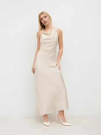 Satin Boat Neck Ruched Maxi Dress