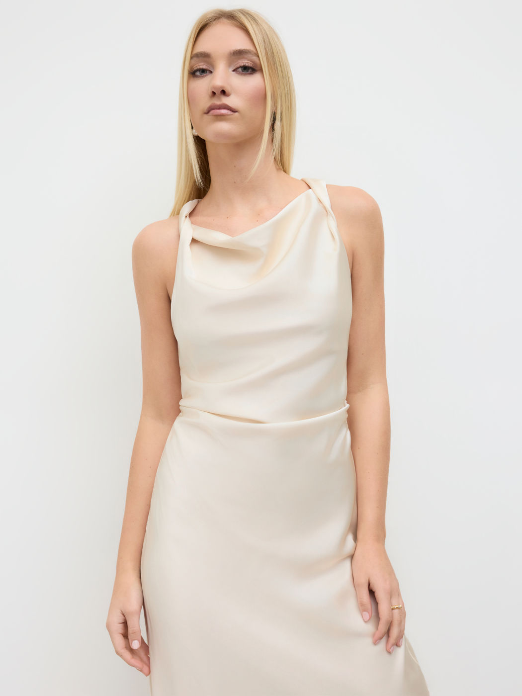 Satin Cowl Neck Ruched Maxi Dress