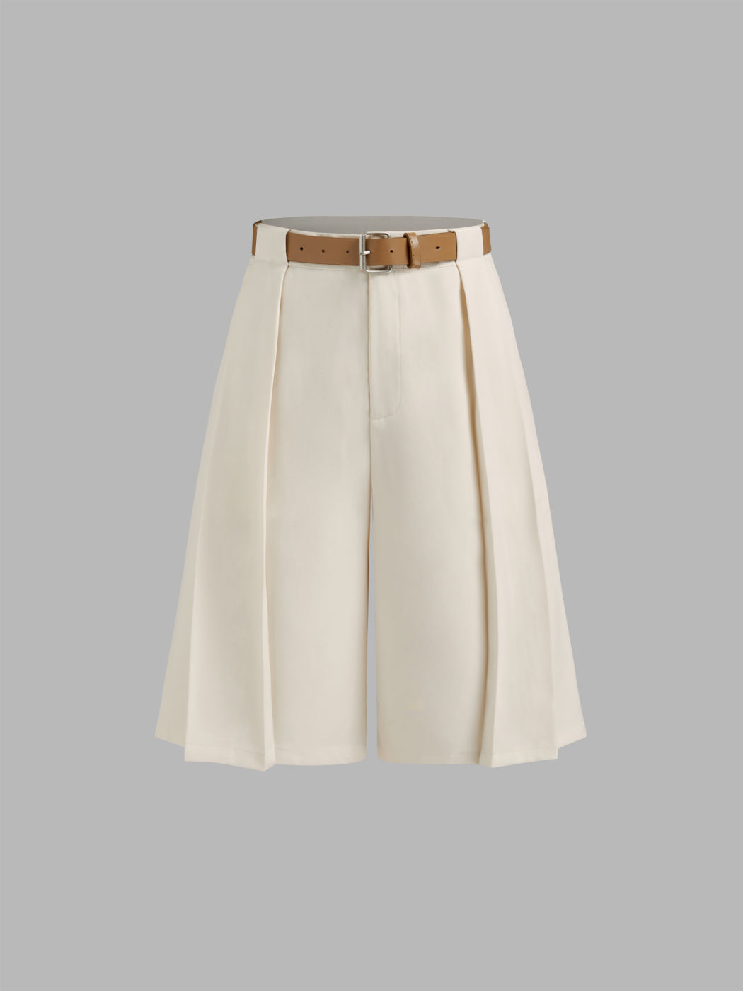 Mid Rise Pleated Bermuda Shorts With Belt