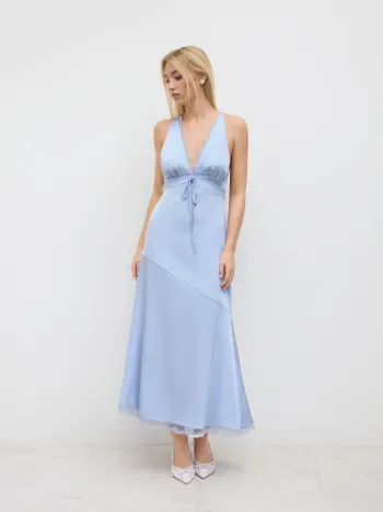 Linen-blend Boat Neck Bowknot Ruffle Midi Dress