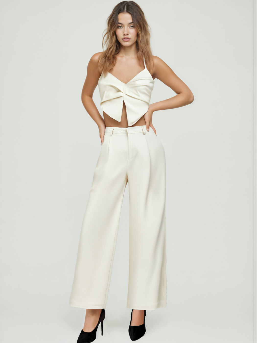 V-neck Twist Split Crop Cami Top & Mid Rise Wide Leg Trousers