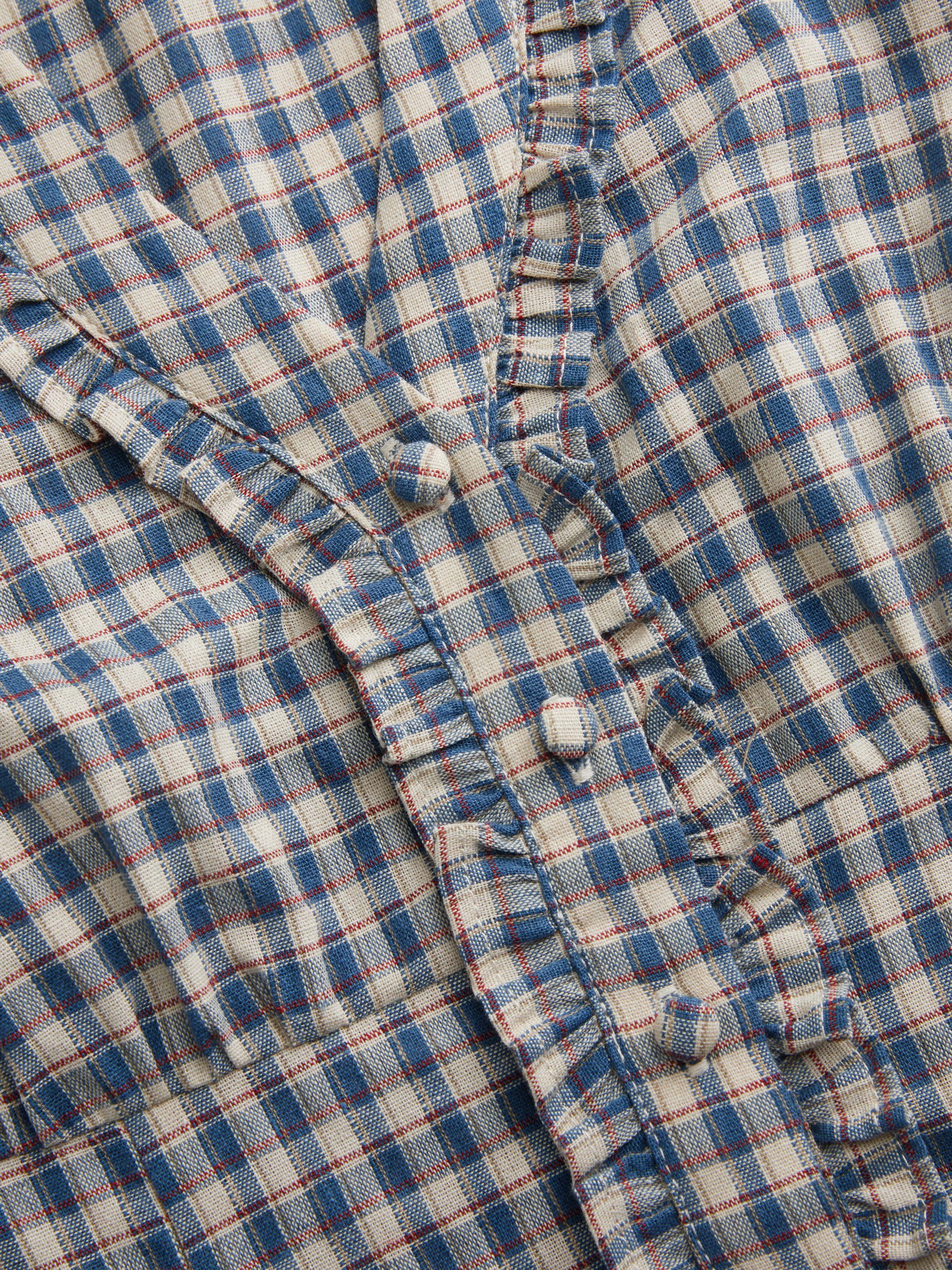 Woven 100% Cotton V-neck Check Button Short Sleeve Blouse For School