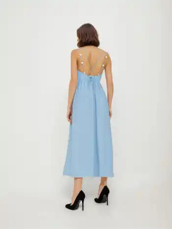 Linen-blend Beaded Criss Cross Backless Maxi Dress