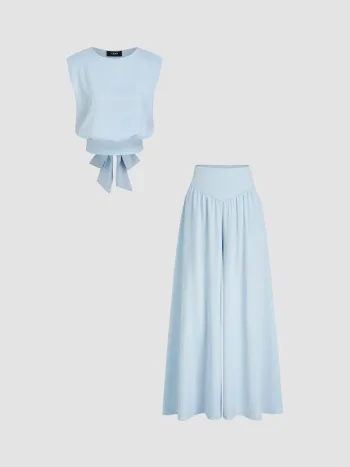 Satin Rundhals Einfarbig Gebundenes Oberteil & Mittelhohe Taschen Weite Beine Hosen Set