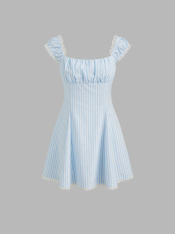 Cotton Square Neck Stripes Lace Mini Dress