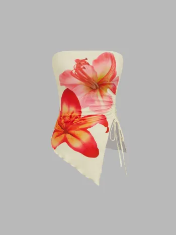 Top Bandeau à Dessin Floral, à Cordon de Serrage et Bordure Asymétrique