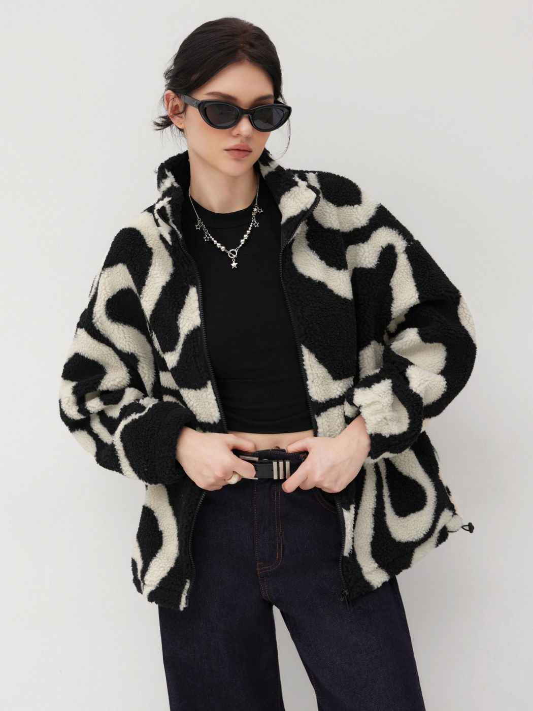 Oversized Bedruckte Fleece-Reißverschlussjacke