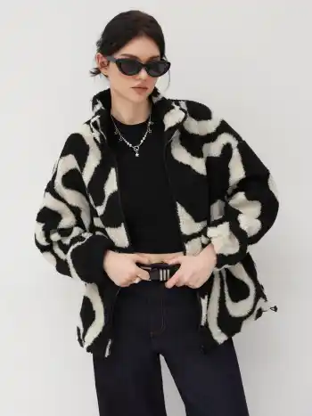 Oversized Bedruckte Fleece-Reißverschlussjacke