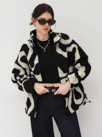 Oversized Bedruckte Fleece-Reißverschlussjacke