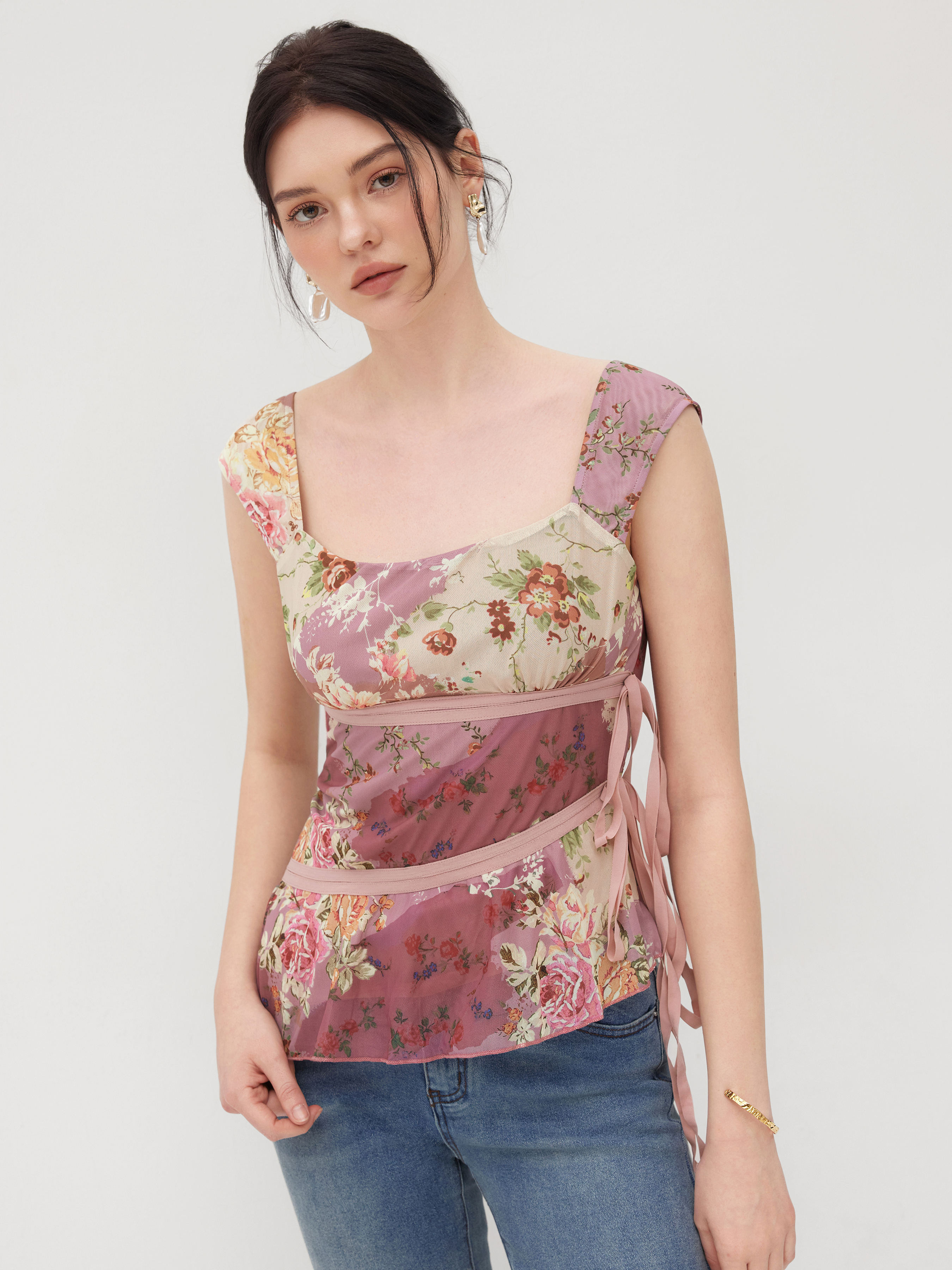 Cute Tops Mesh Mesh U-neckline Floral Asymmetrical Ruffle