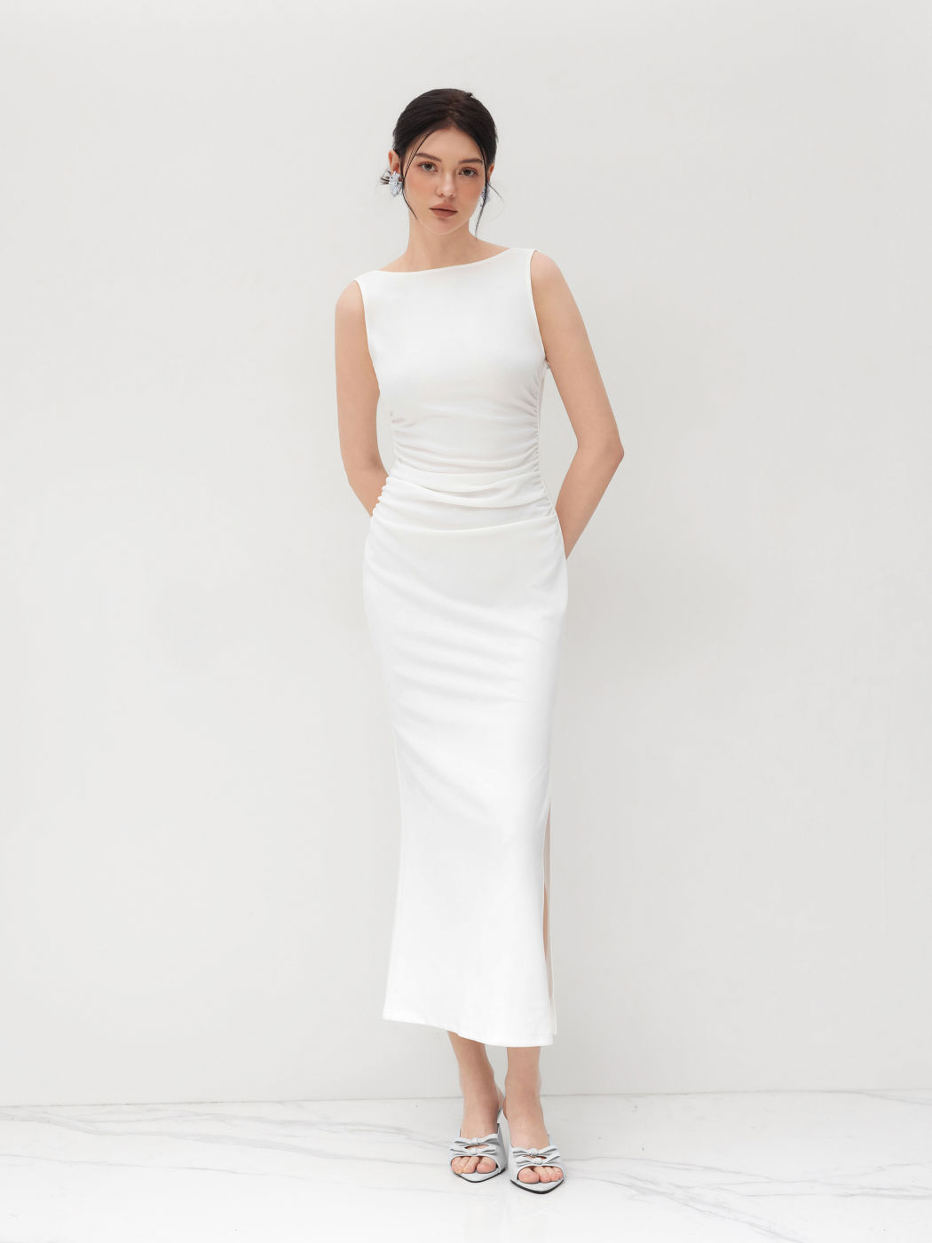 Boat Neck Solid Ruched Split Maxi Dress