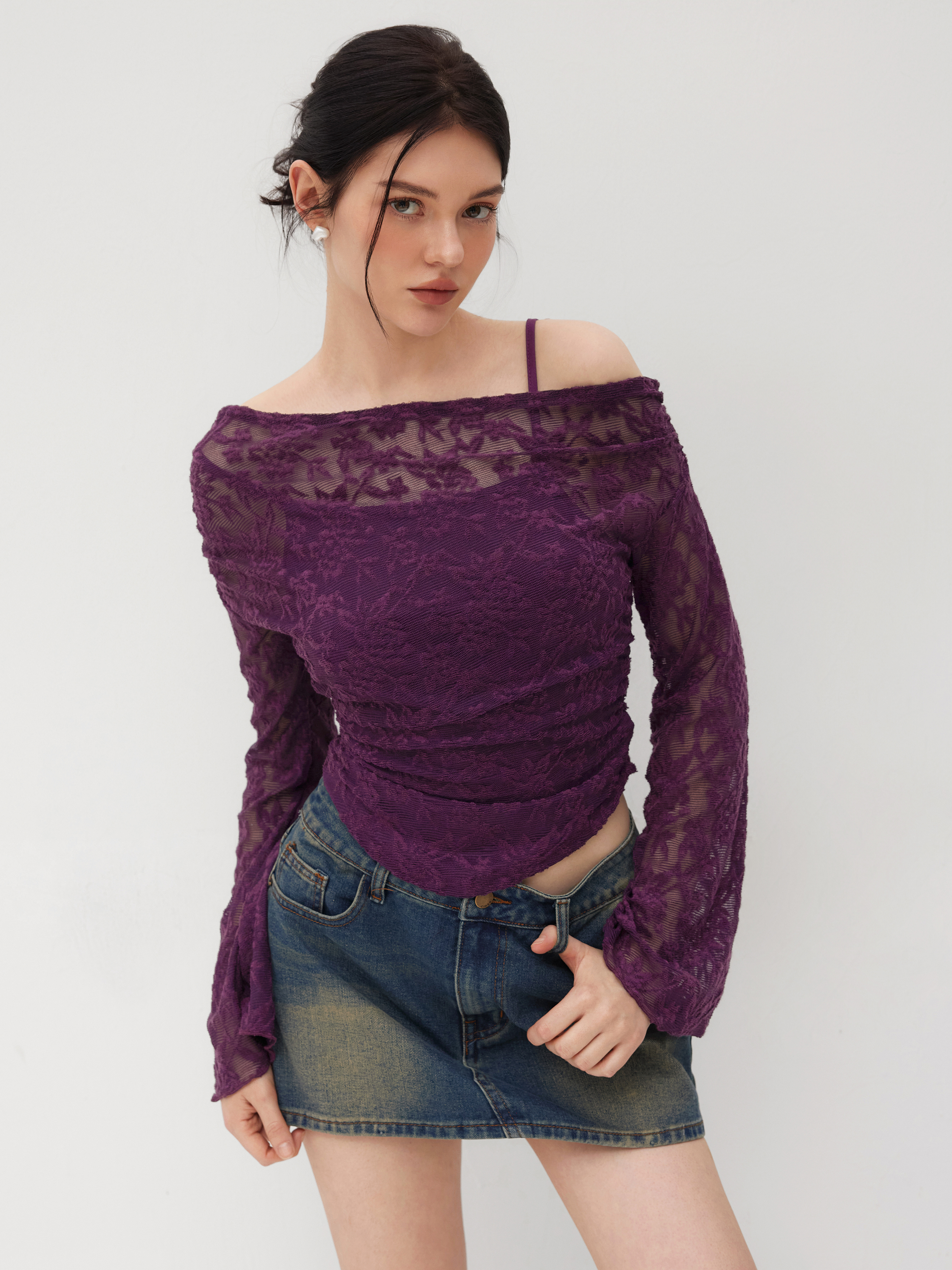 Lace Lace Asymmetrical Neck Floral Curved Hem Long Sleeve