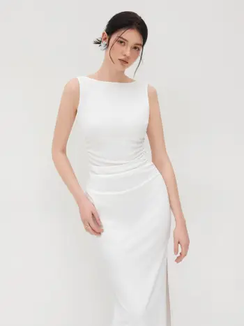 Boat Neck Solid Ruched Split Maxi Dress