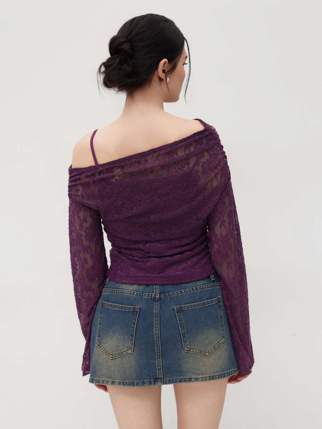 Lace Asymmetrical Neck Floral Curved Hem Long Sleeve Top