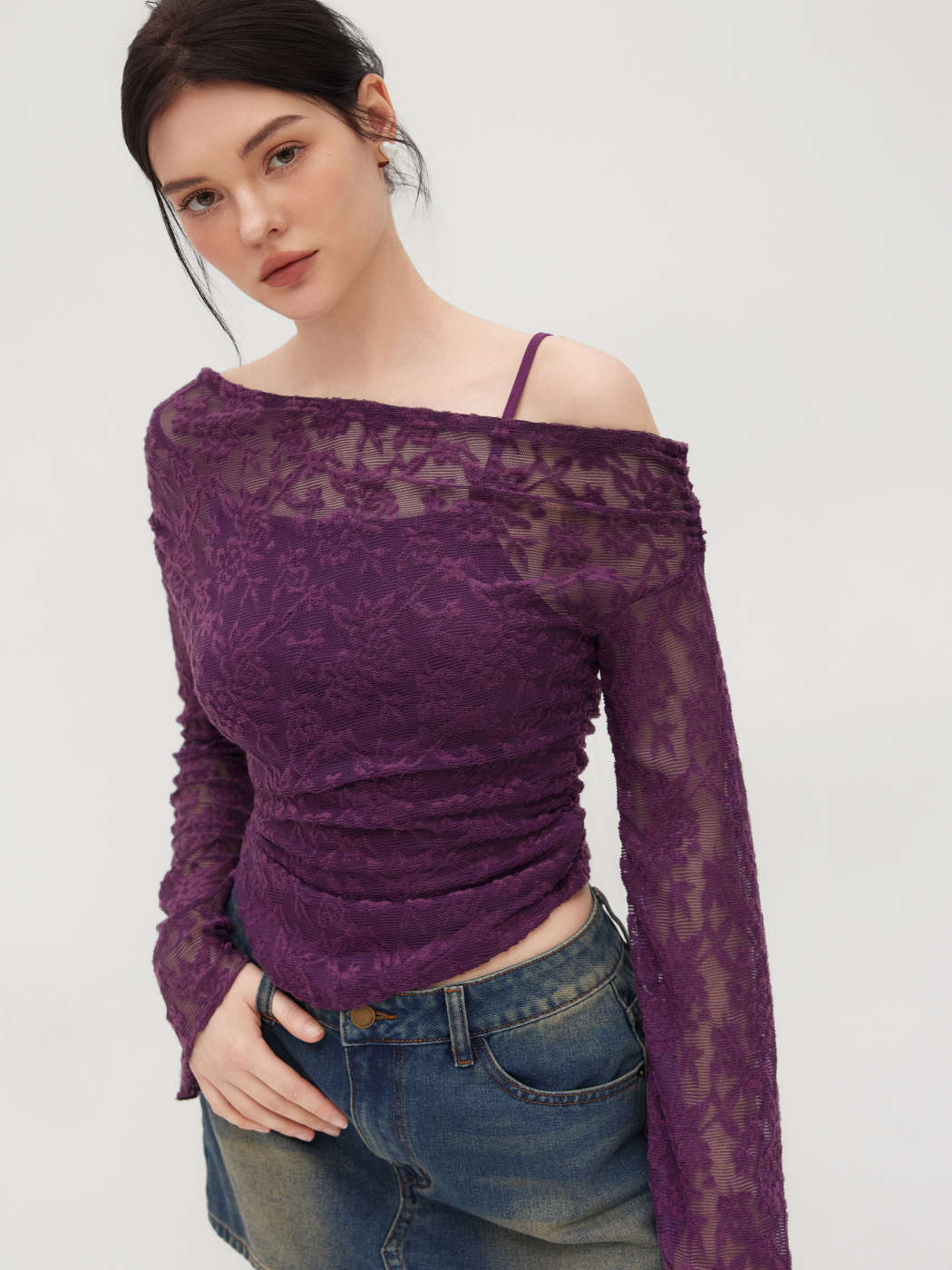 Lace Asymmetrical Neck Floral Curved Hem Long Sleeve Top