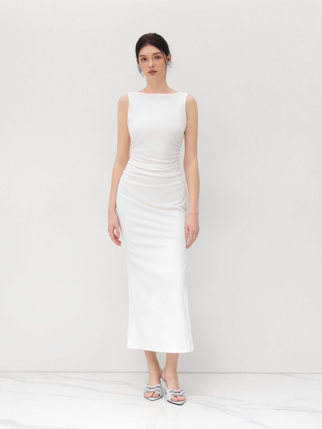 Boat Neck Solid Ruched Split Maxi Dress