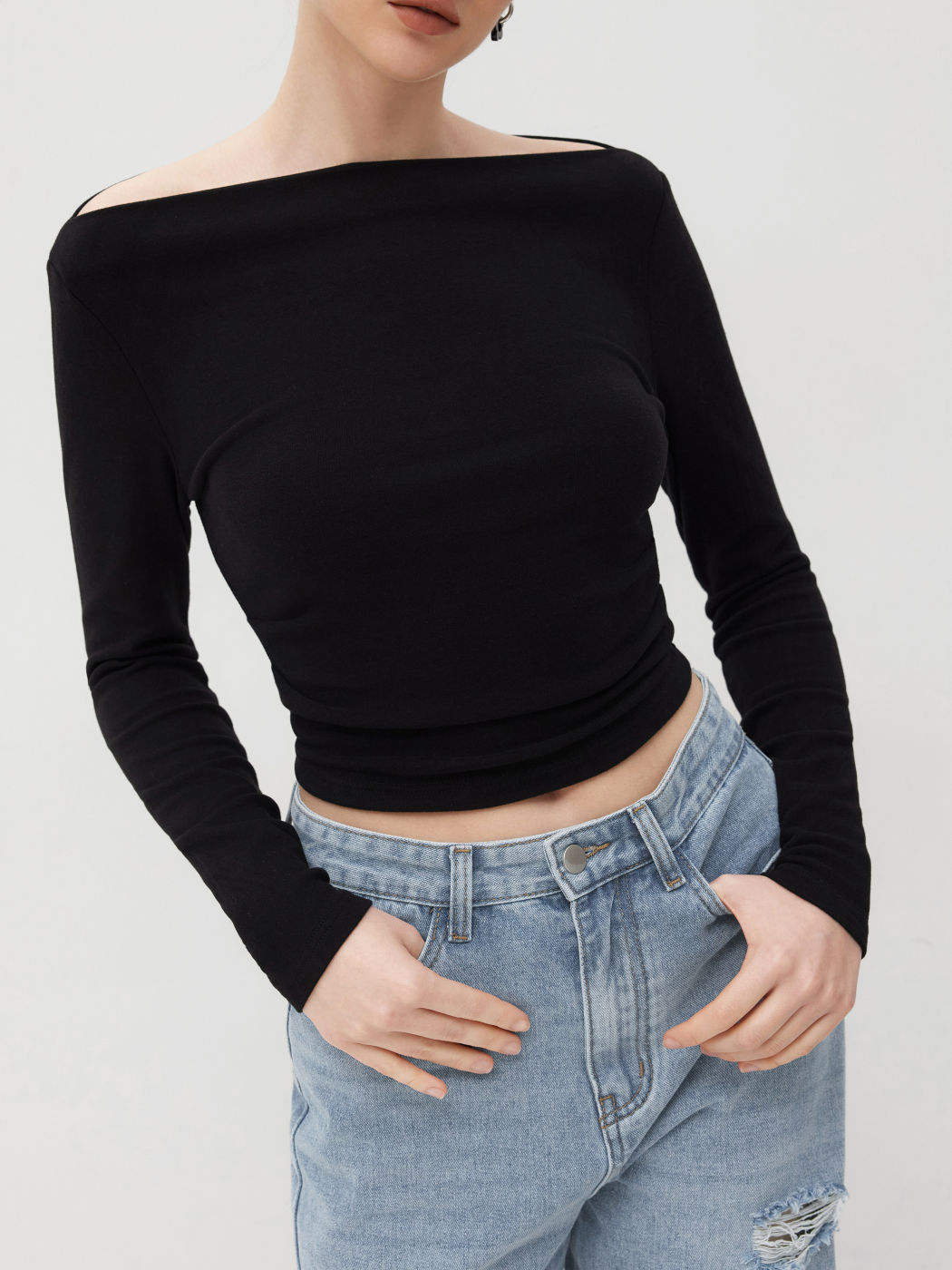 Thermal Cotton-blend Boat Neck Solid Ruched Long Sleeve Tee