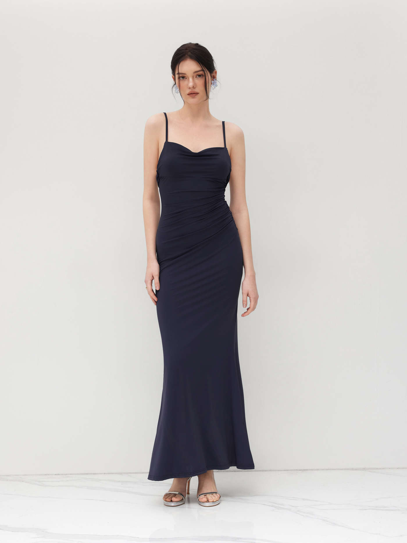 Cowl Neck Ruched Backless Maxi Dress
