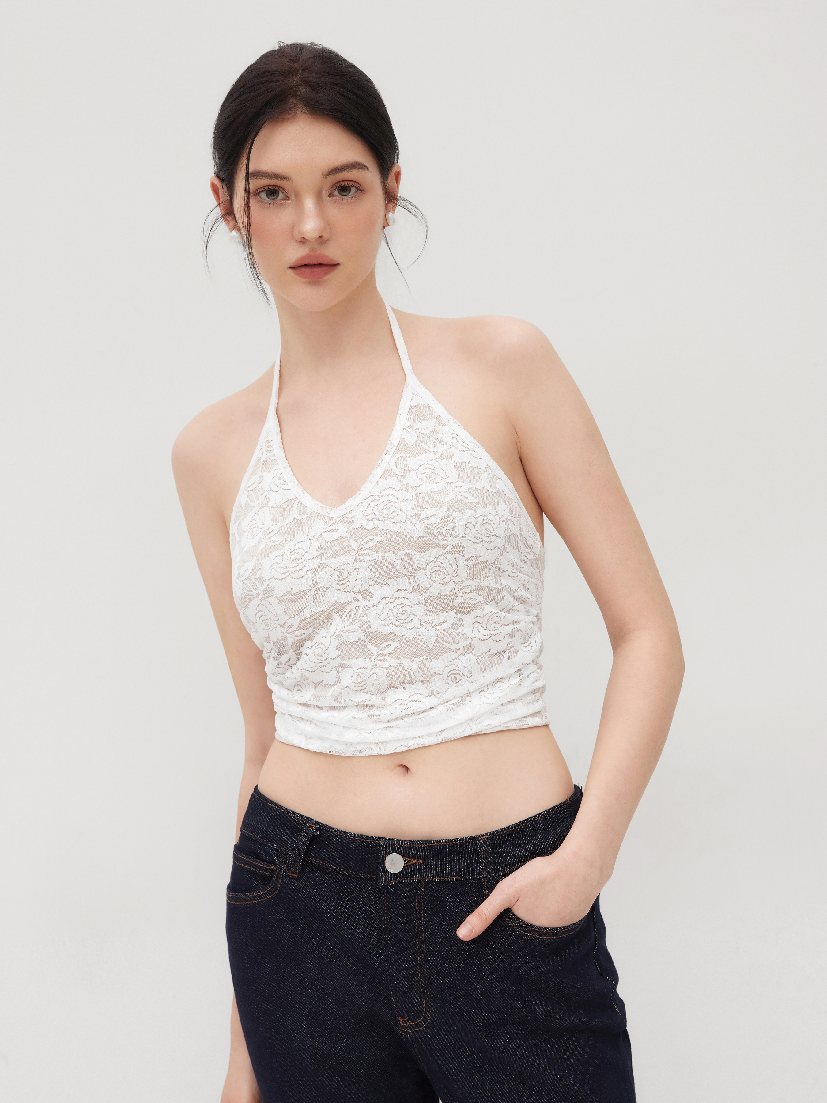 【WONDER WONDER】Ripple Halter Layered V-Neck Cropped L/S T Ripple Halter Layered Integral V-Neck Cropped Long-Sleeved T