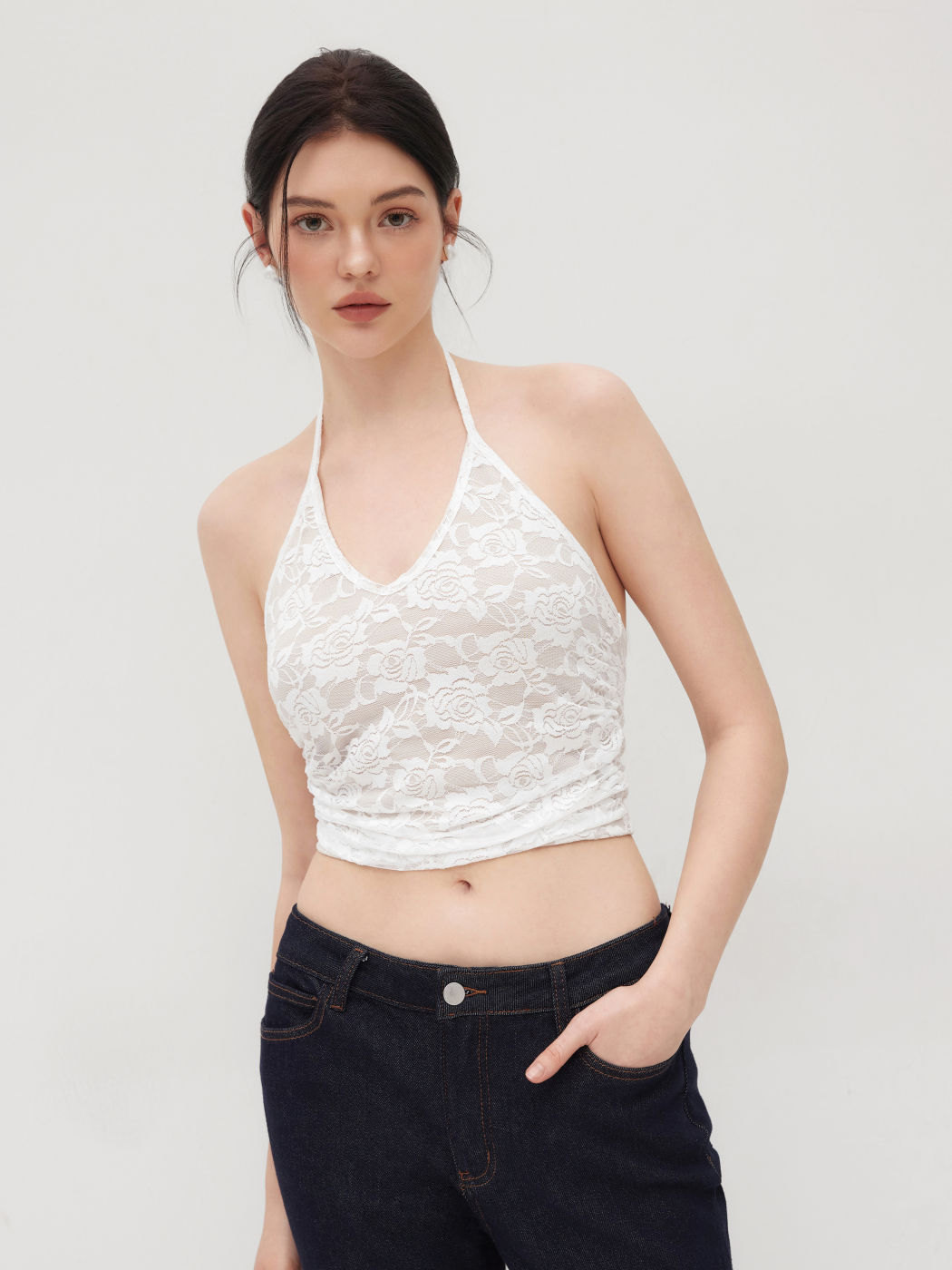 V-neck Floral Lace Ruched Halter Crop Cami Top